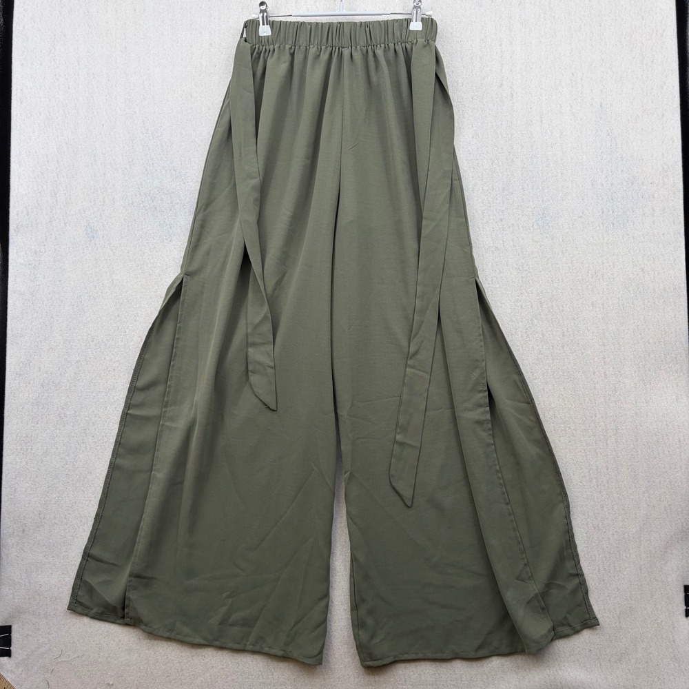 SHEIN Olive Green Wide Leg Pants High Waist Side Slit Tie Belt Size S